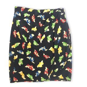 Vintage Ungaro Black Ribbon Print Skirt Faux Wrap Gold Accents